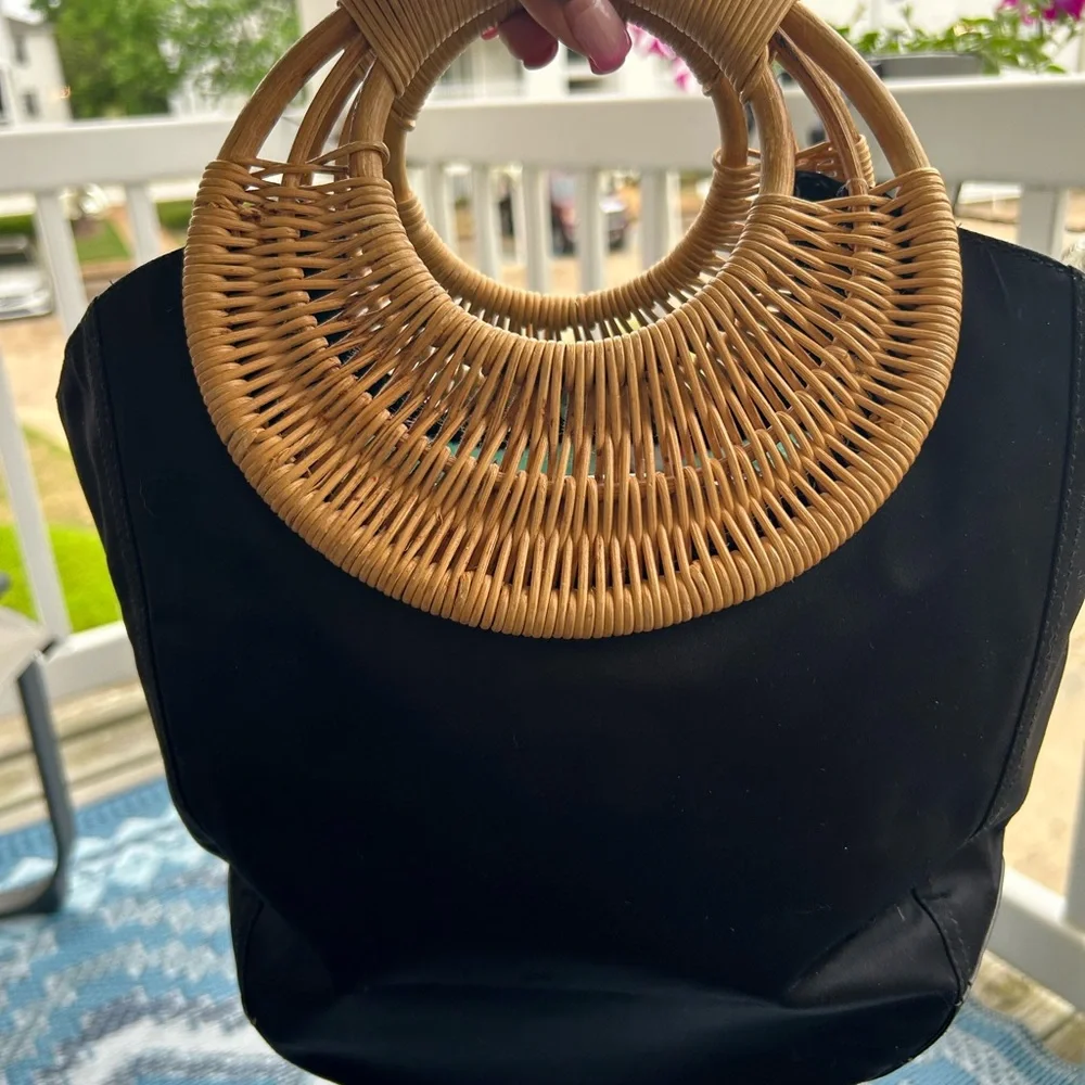 Salvatore Ferragamo Tote Bag Womens Black Nylon Wicker Vara Bow EZ-21 5338